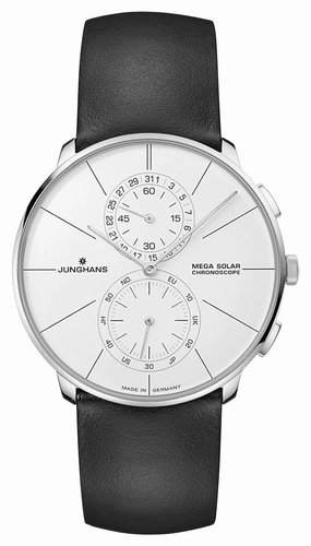 Junghans Meister fein Chronoscope MEGA Solar Chronograph Stainless Steel White Dial Black Leather Strap Date Mens Watch 59/4200.00