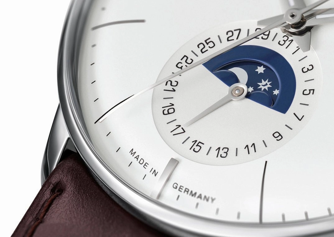 Junghans Meister Kalender Datum Englisch Automatic Stainless Steel Silver Dial Brown Leather Strap Day/Date Month Moonphase Mens Watch 27/4200.03