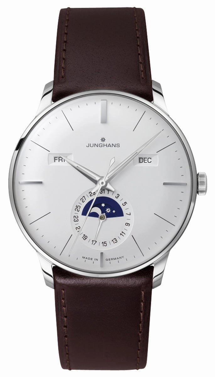 Junghans Meister Kalender Datum Englisch Automatic Stainless Steel Silver Dial Brown Leather Strap Day/Date Month Moonphase Mens Watch 27/4200.03