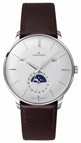 Junghans Meister Kalender Datum Englisch Automatic Stainless Steel Silver Dial Brown Leather Strap Day/Date Month Moonphase Mens Watch 27/4200.03