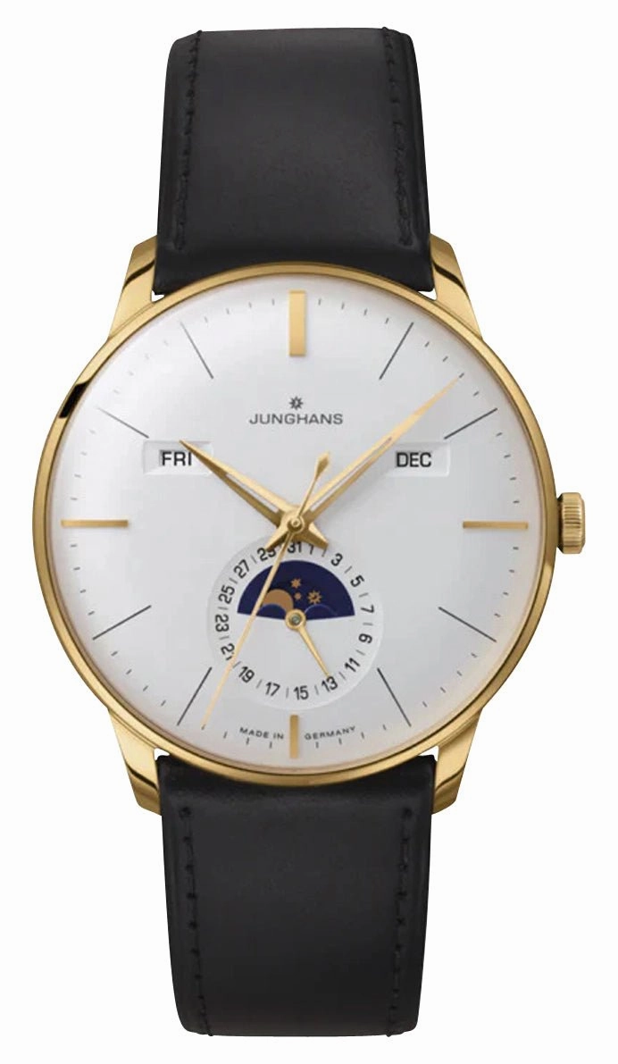 Junghans Meister Kalender Datum Englisch Automatic Yellow Gold PVD Silver Dial Black Leather Strap Day/Date Month Moonphase Mens Watch 27/7202.03