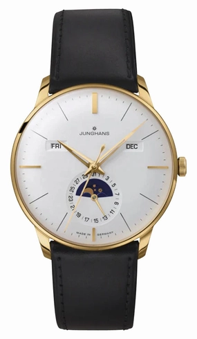 Junghans Meister Kalender Datum Englisch Automatic Yellow Gold PVD Silver Dial Black Leather Strap Day/Date Month Moonphase Mens Watch 27/7202.03