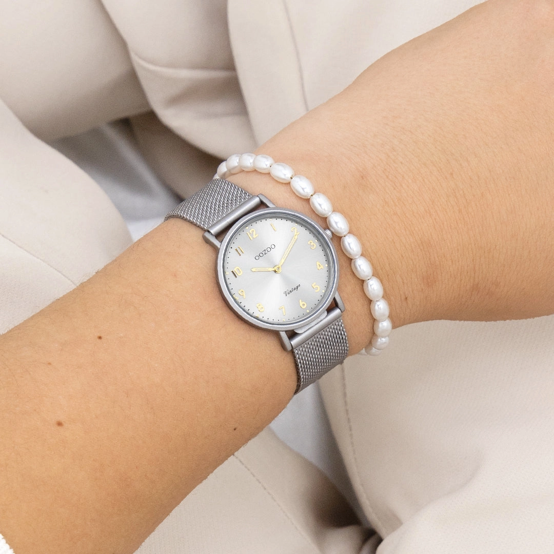 Light grey OOZOO watch with metal mesh bracelet - C20381
