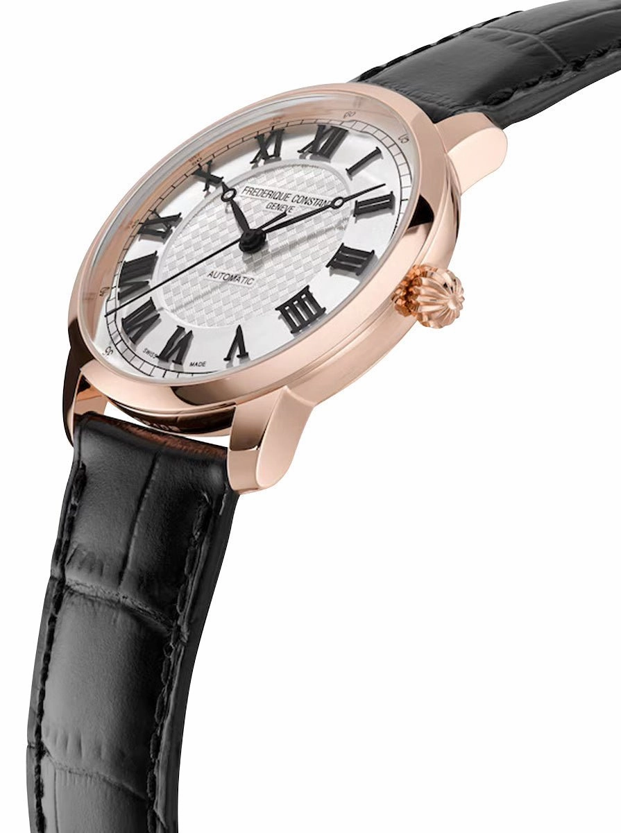 Limited Edition Frederique Constant Classics Premiere Automatic Rose Gold Plated Steel Silver Dial Black Leather Strap Mens Watch FC-301SWR3B4