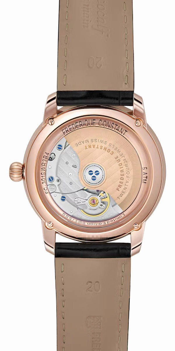 Limited Edition Frederique Constant Classics Premiere Automatic Rose Gold Plated Steel Silver Dial Black Leather Strap Mens Watch FC-301SWR3B4