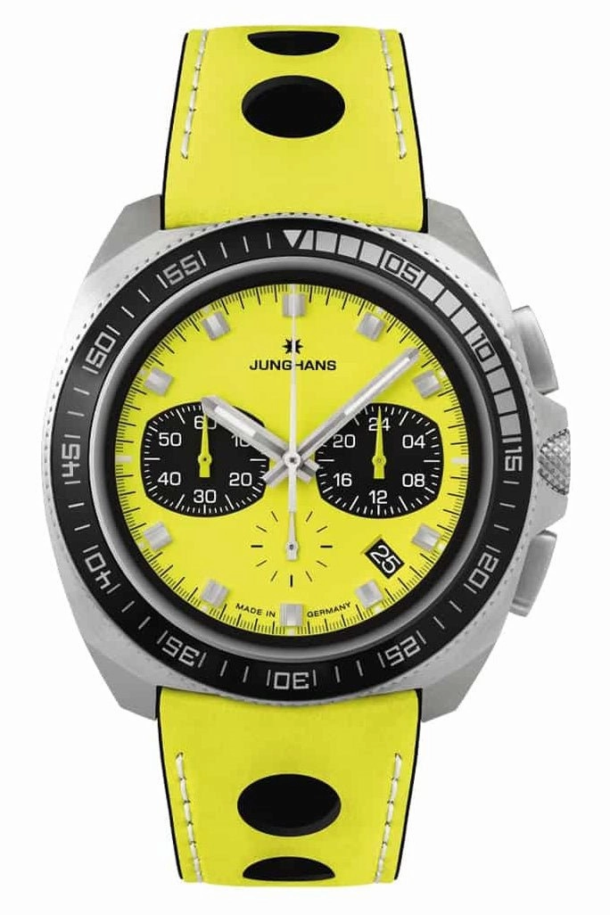 Limited Edition Junghans 1972 Chronoscope FIS Lemon Chronograph Stainless Steel Yellow Dial Yellow Leather Strap Interchangeable Black Leather Strap Date Quartz Mens Watch 41/4369.00