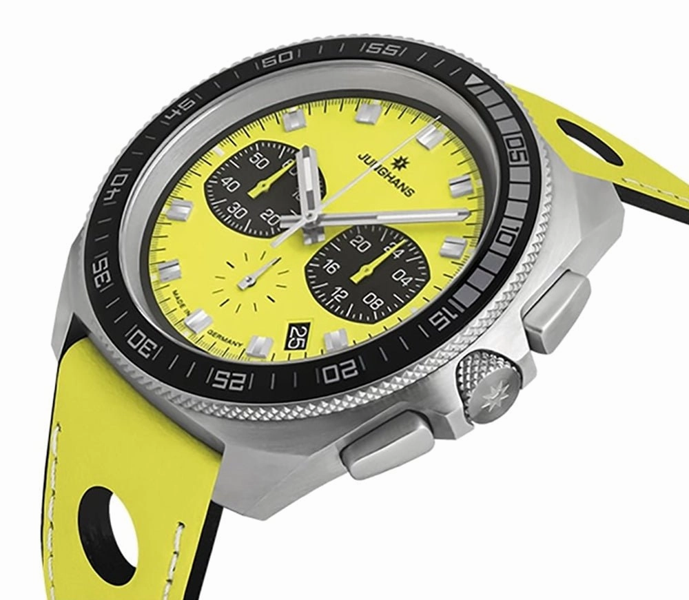 Limited Edition Junghans 1972 Chronoscope FIS Lemon Chronograph Stainless Steel Yellow Dial Yellow Leather Strap Interchangeable Black Leather Strap Date Quartz Mens Watch 41/4369.00