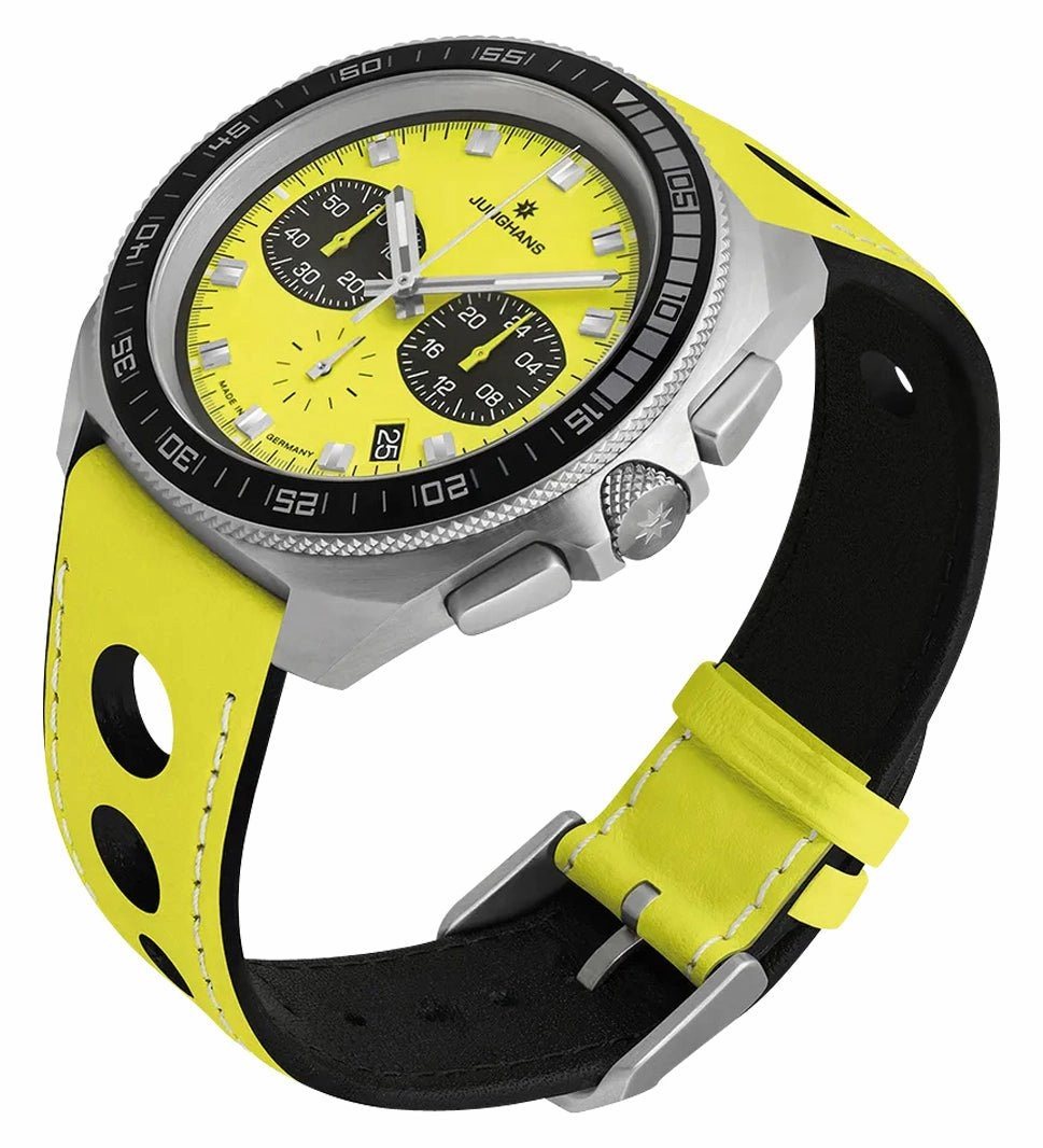 Limited Edition Junghans 1972 Chronoscope FIS Lemon Chronograph Stainless Steel Yellow Dial Yellow Leather Strap Interchangeable Black Leather Strap Date Quartz Mens Watch 41/4369.00