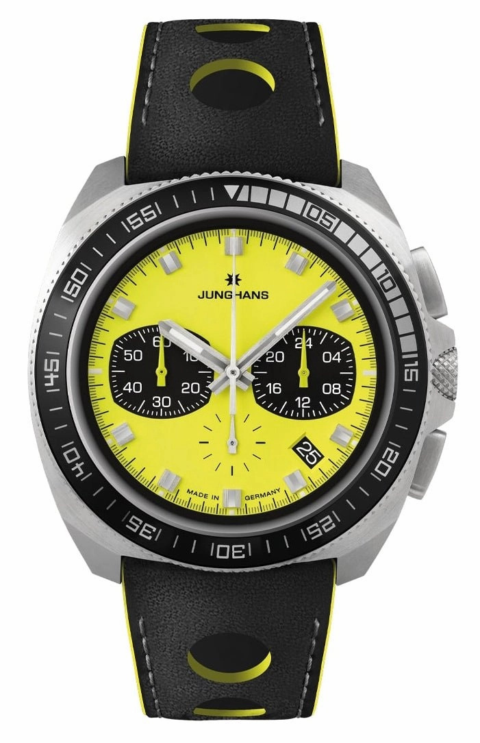Limited Edition Junghans 1972 Chronoscope FIS Lemon Chronograph Stainless Steel Yellow Dial Yellow Leather Strap Interchangeable Black Leather Strap Date Quartz Mens Watch 41/4369.00