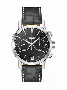 Longines 1832 Automatic Chronograph Stainless Steel Black Dial Black Leather Strap Date Mens Watch L4.829.4.52.1