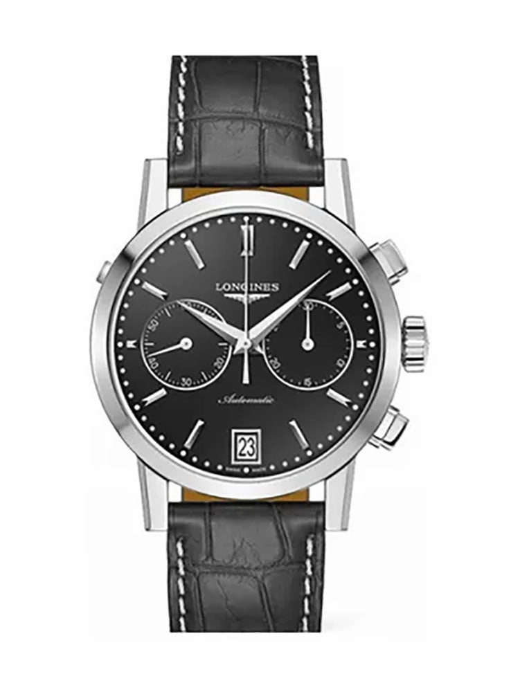 Longines 1832 Automatic Chronograph Stainless Steel Black Dial Black Leather Strap Date Mens Watch L4.829.4.52.1