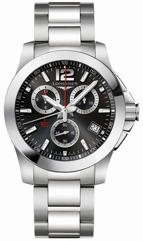 Longines Conquest Chronograph Stainless Steel Black Dial Date Divers Quartz Mens Watch L3.700.4.56.6