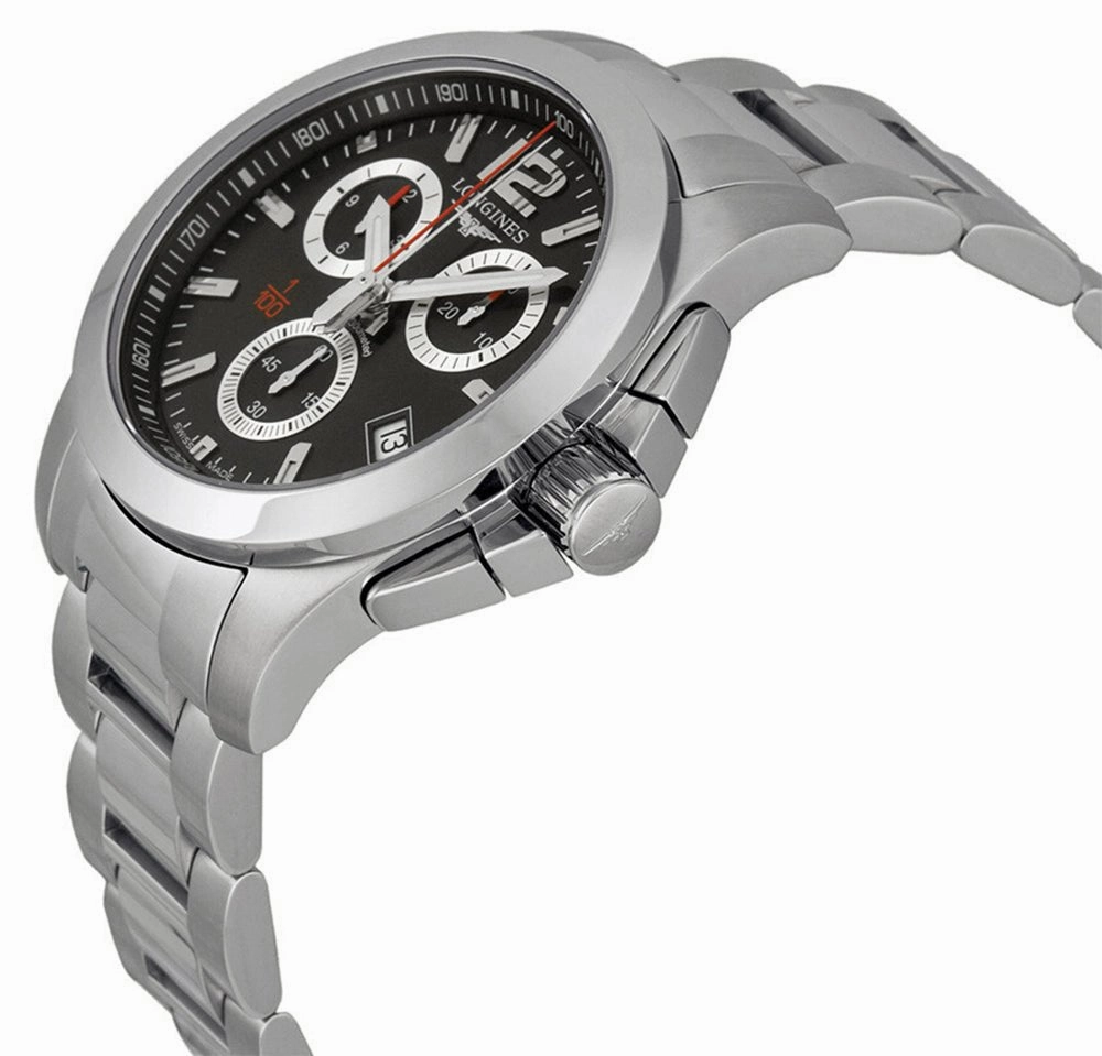 Longines Conquest Chronograph Stainless Steel Black Dial Date Divers Quartz Mens Watch L3.700.4.56.6