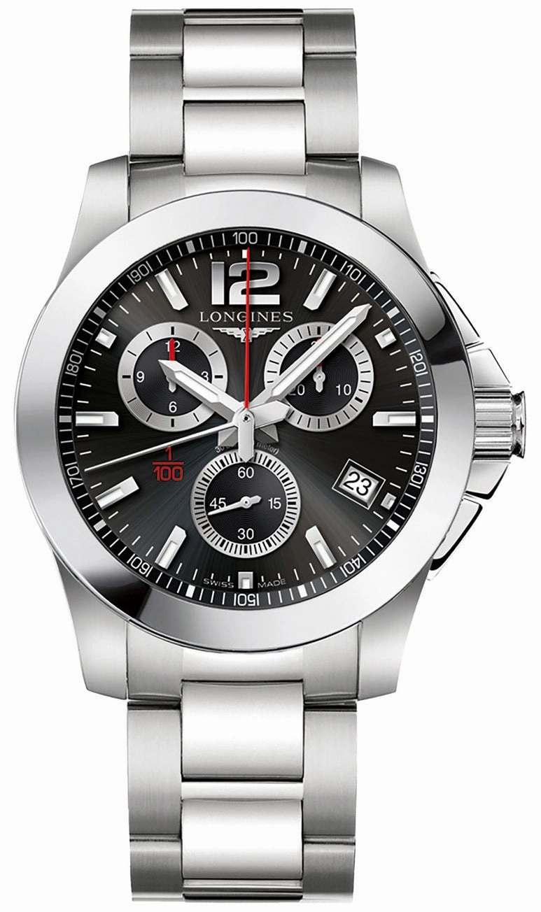 Longines Conquest Chronograph Stainless Steel Black Dial Date Divers Quartz Mens Watch L3.700.4.56.6