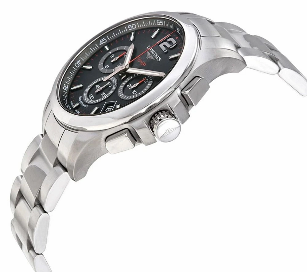 Longines Conquest V.H.P. Chronograph Stainless Steel Black Dial Perpetual Calendar Date Quartz Mens Watch L3.717.4.56.6