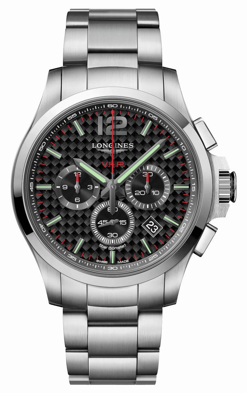 Longines Conquest V.H.P. Chronograph Stainless Steel Black Dial Perpetual Calendar Date Quartz Mens Watch L3.727.4.66.6