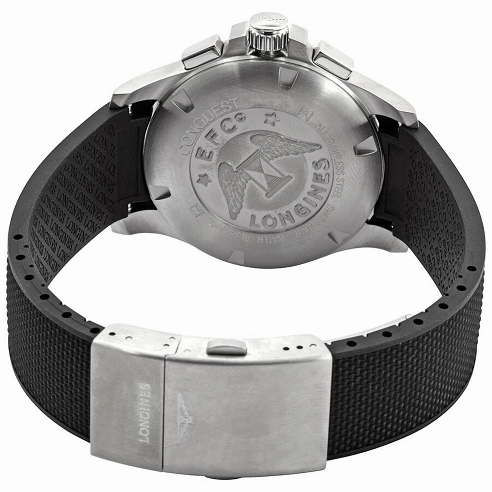 Longines Conquest V.H.P. Chronograph Stainless Steel Silver Dial Black Rubber Strap Perpetual Calendar Date Quartz Mens Watch L3.717.4.76.9