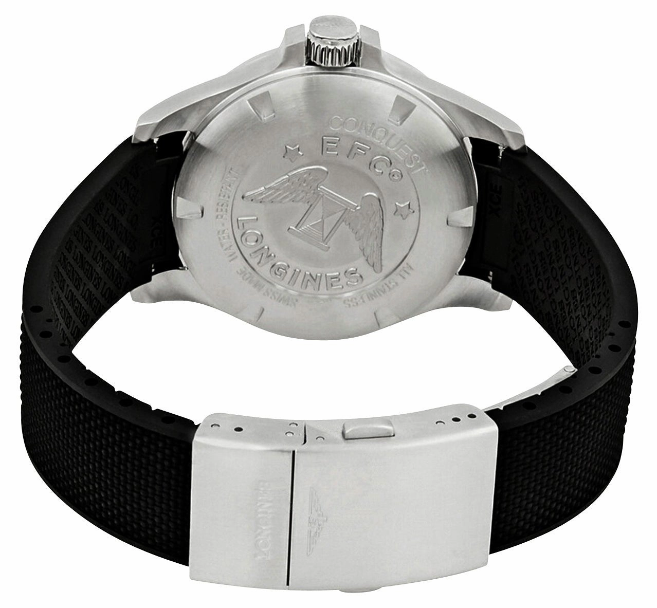 Longines Conquest V.H.P. Stainless Steel Black Dial Black Rubber Strap Perpetual Calendar Date Quartz Mens Watch L3.716.4.56.9