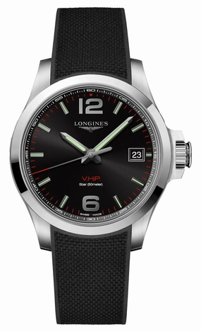 Longines Conquest V.H.P. Stainless Steel Black Dial Black Rubber Strap Perpetual Calendar Date Quartz Mens Watch L3.716.4.56.9