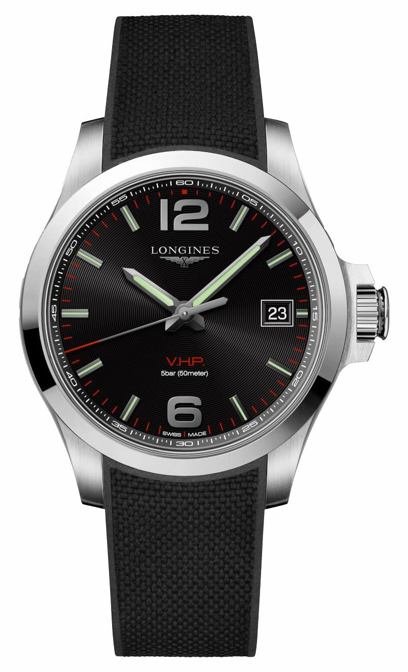 Longines Conquest V.H.P. Stainless Steel Black Dial Black Rubber Strap Perpetual Calendar Date Quartz Mens Watch L3.716.4.56.9