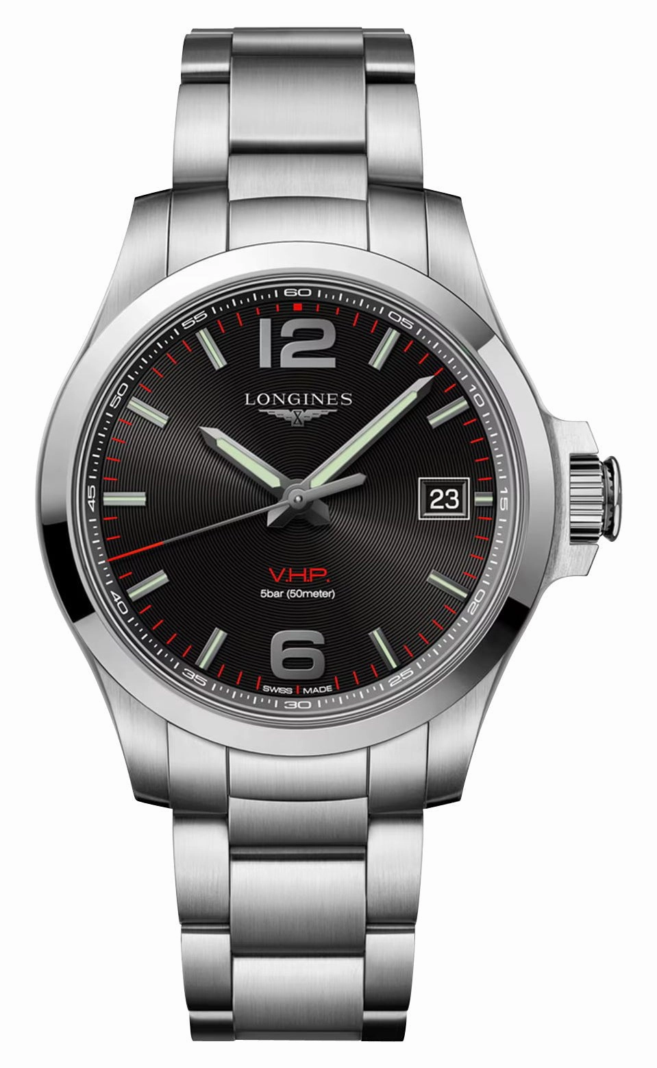 Longines Conquest V.H.P. Stainless Steel Black Dial Perpetual Calendar Date Quartz Mens Watch L3.716.4.56.6