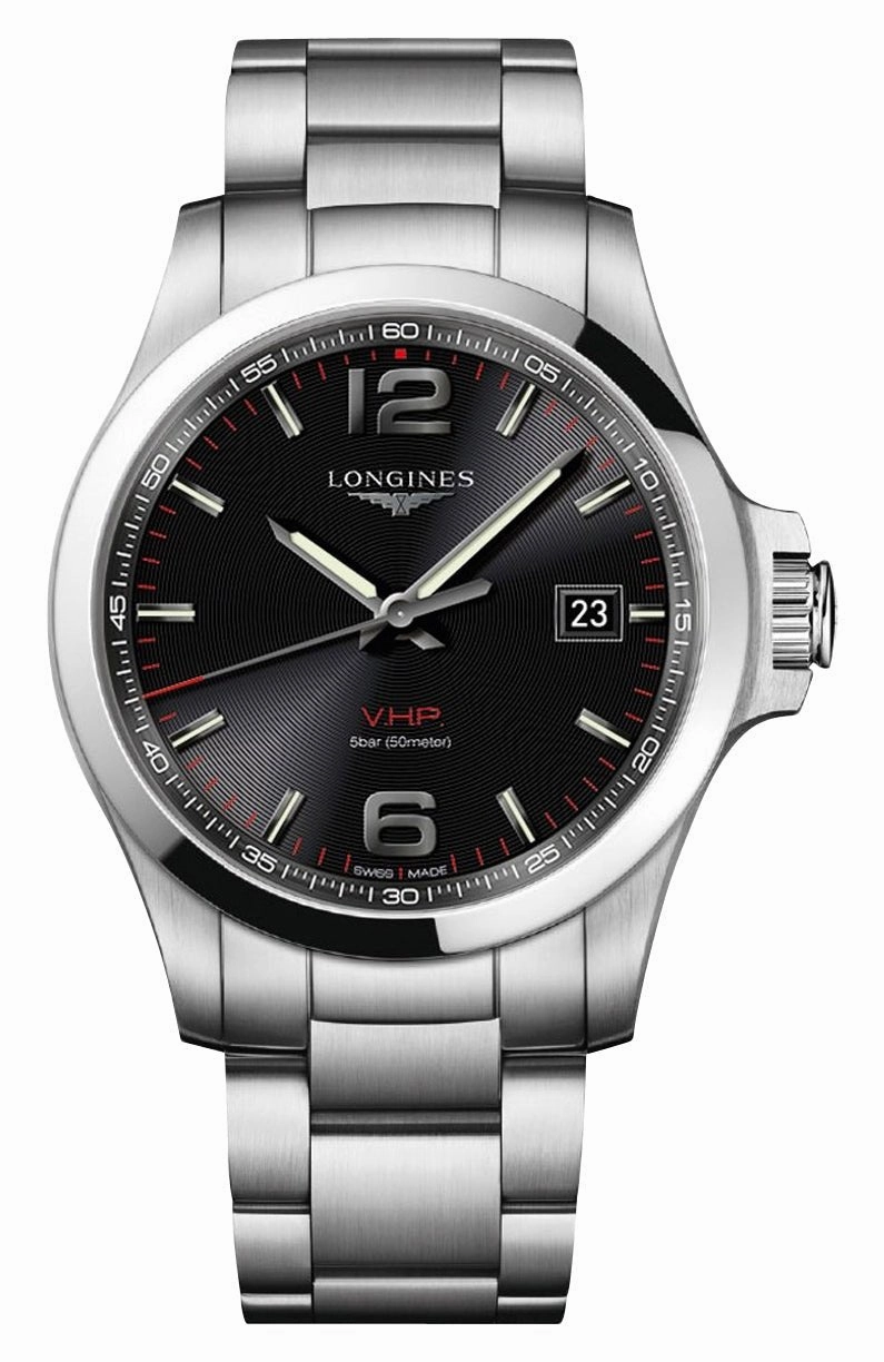 Longines Conquest V.H.P. Stainless Steel Black Dial Perpetual Calendar Date Quartz Mens Watch L3.726.4.56.6