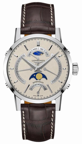 Longines Heritage Classic 1832 Automatic Stainless Steel Beige Dial Brown Leather Strap Retrograde Day/Date GMT Moonphase Mens Watch L4.828.4.92.2