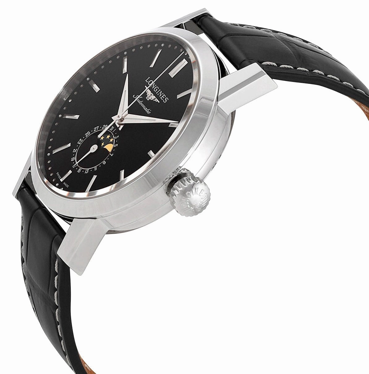 Longines Heritage Classic 1832 Automatic Stainless Steel Black Dial Black Leather Strap Date Moonphase Mens Watch L4.826.4.52.0