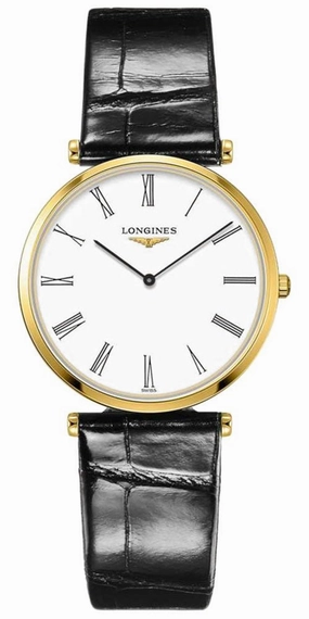 Longines La Grand Classique Yellow Gold PVD White Dial Black Leather Strap Quartz Womens Watch L4.709.2.21.2
