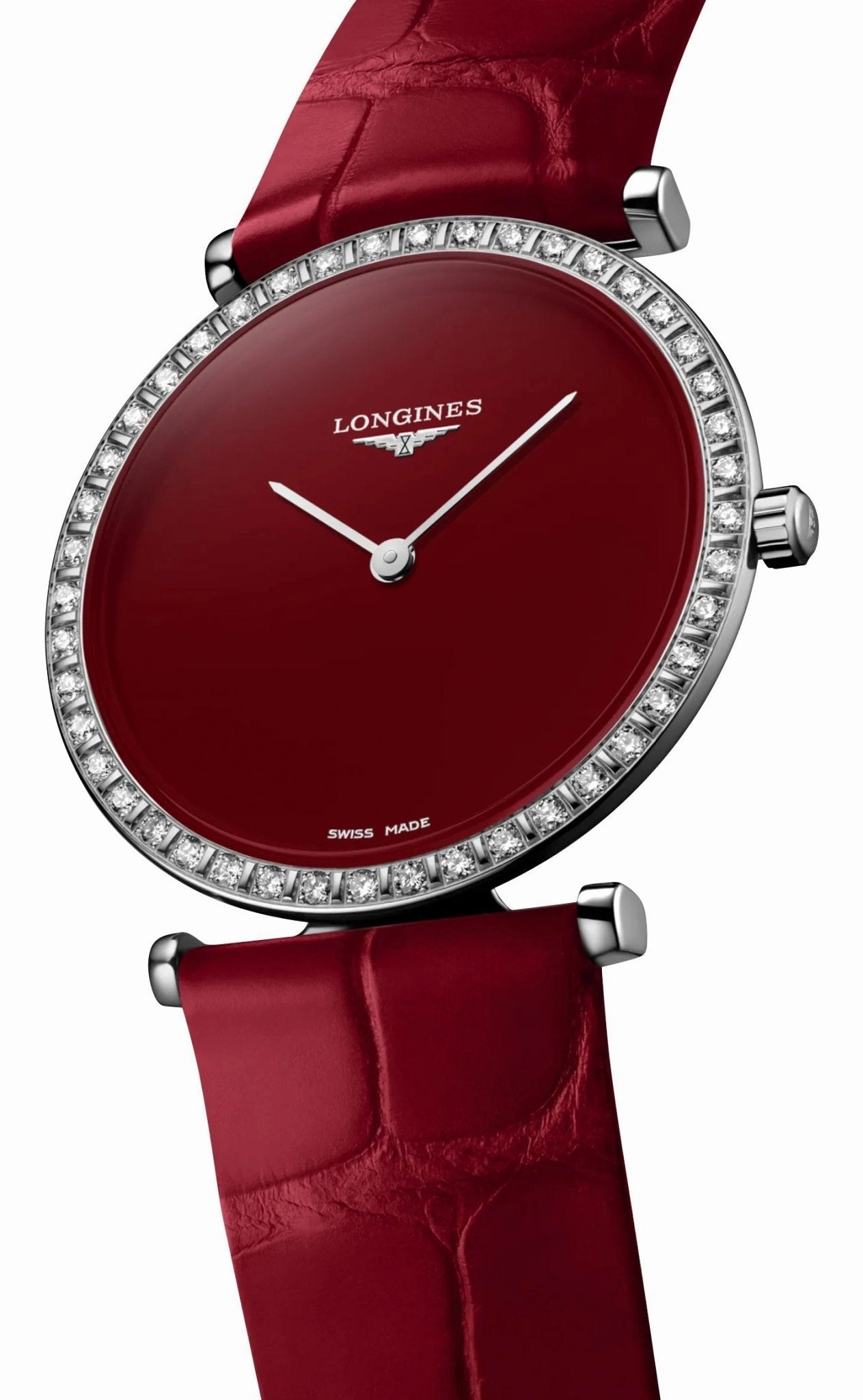 Longines La Grande Classique Monochrome Stainless Steel Red Dial Red Leather Strap Diamonds Quartz Womens Watch L4.523.0.91.2