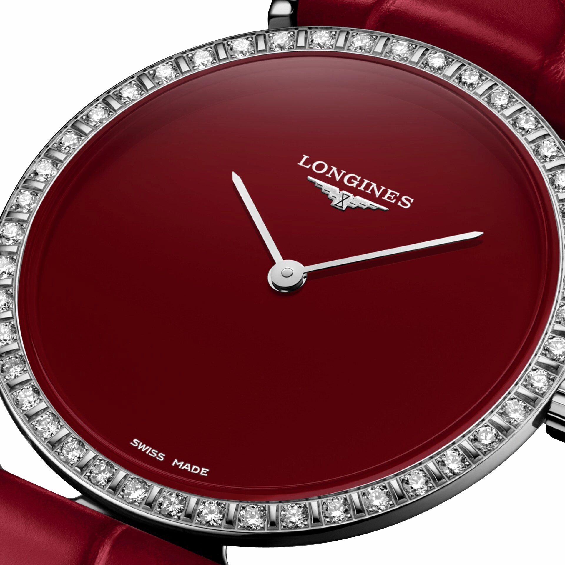 Longines La Grande Classique Monochrome Stainless Steel Red Dial Red Leather Strap Diamonds Quartz Womens Watch L4.523.0.91.2