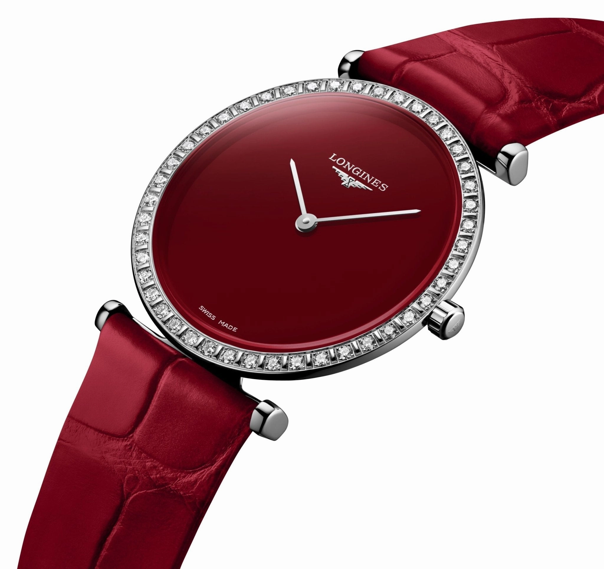 Longines La Grande Classique Monochrome Stainless Steel Red Dial Red Leather Strap Diamonds Quartz Womens Watch L4.523.0.91.2