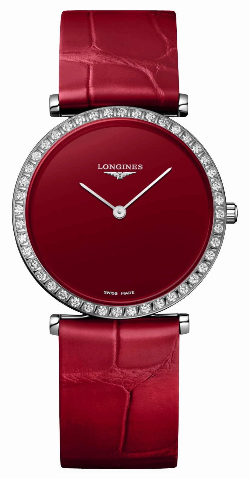Longines La Grande Classique Monochrome Stainless Steel Red Dial Red Leather Strap Diamonds Quartz Womens Watch L4.523.0.91.2