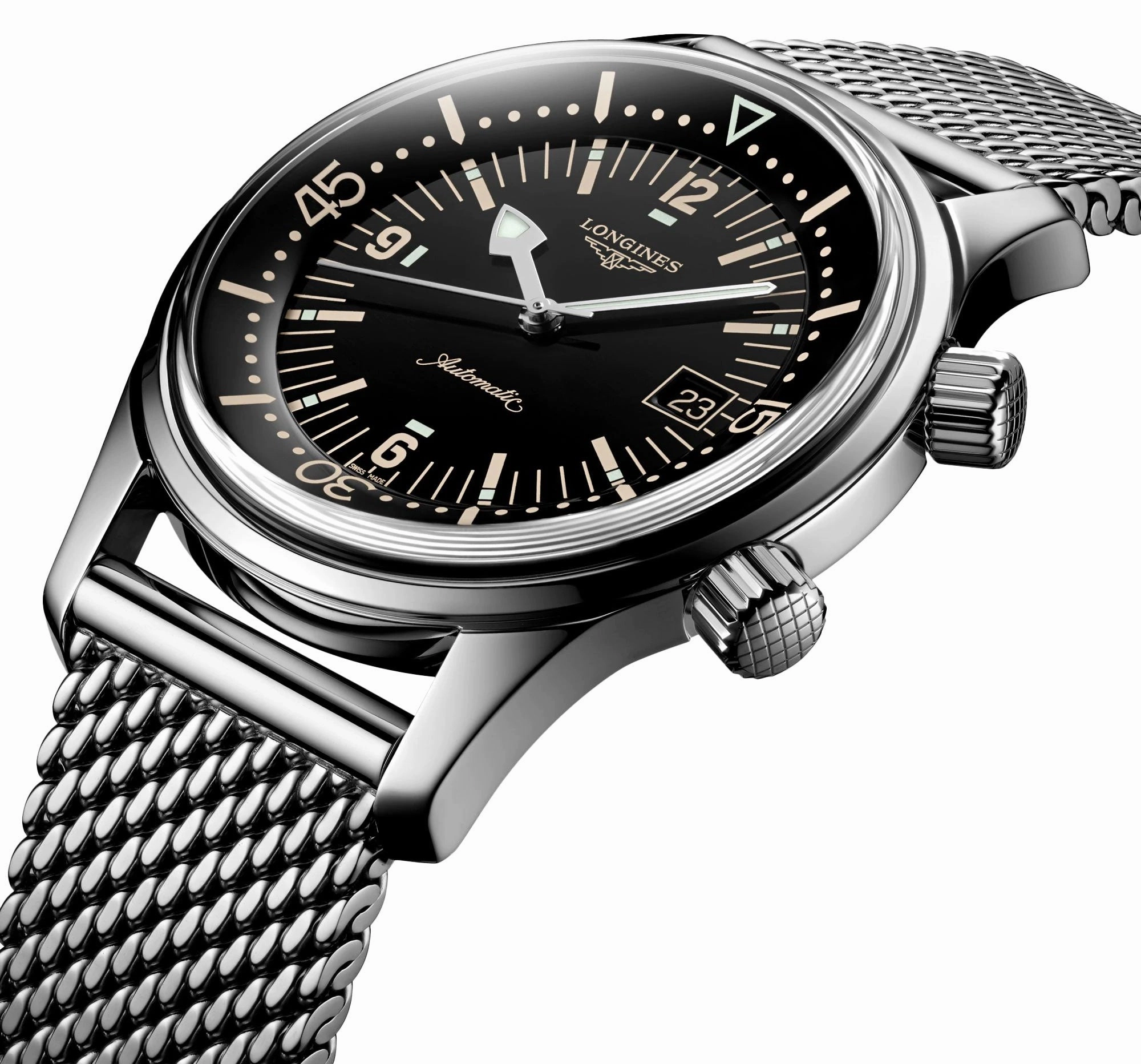Longines Legend Diver Automatic Mesh Stainless Steel Black Dial Date Mens Watch L3.774.4.50.6