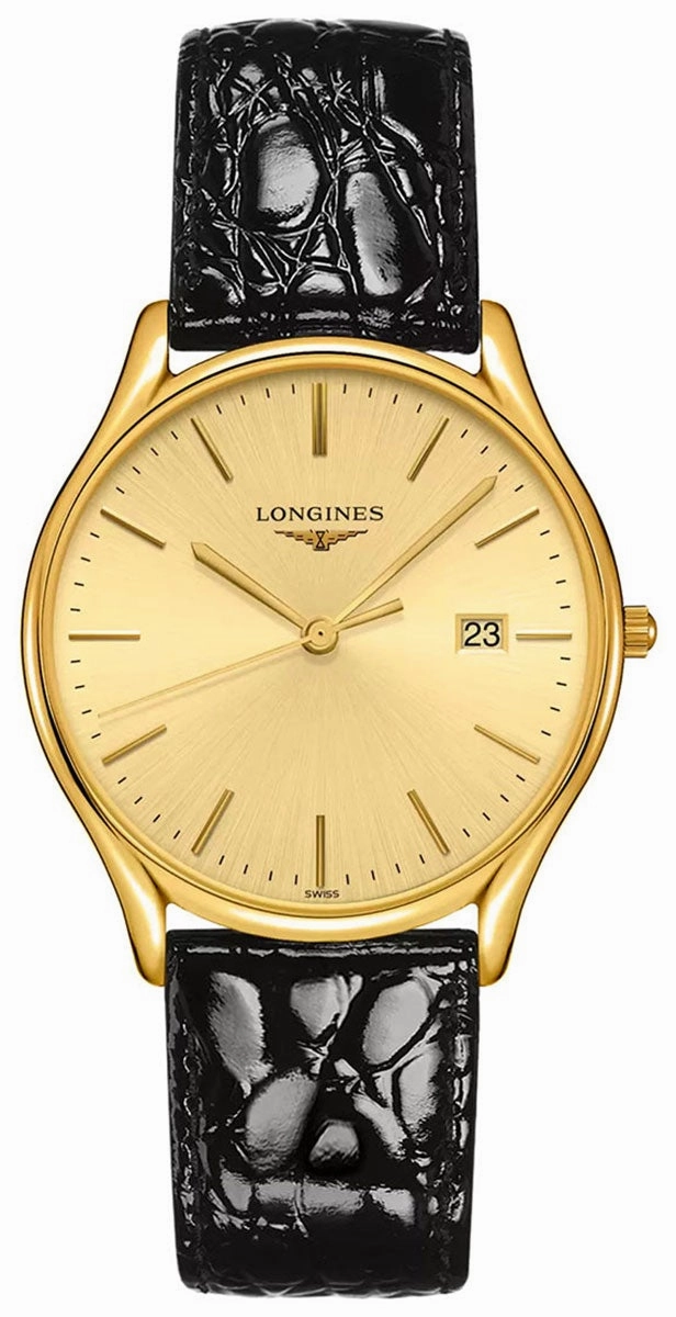 Longines Lyre Yellow Gold PVD Gold-Tone Dial Black Leather Strap Date Quartz Mens Watch L4.859.2.32.2