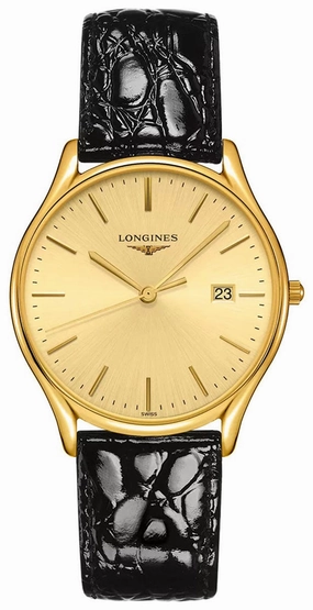 Longines Lyre Yellow Gold PVD Gold-Tone Dial Black Leather Strap Date Quartz Mens Watch L4.859.2.32.2