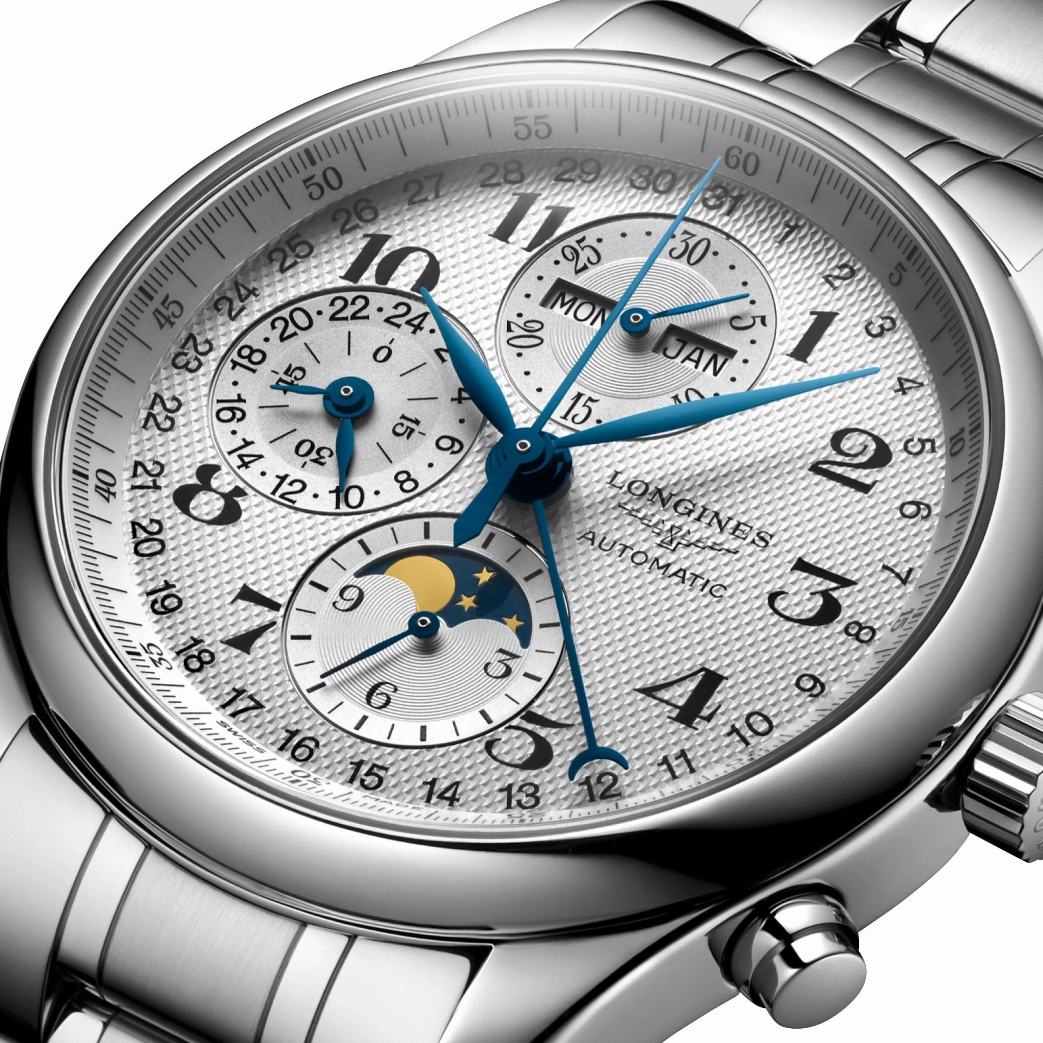 Longines Master Collection Automatic Chronograph Stainless Steel Silver Dial Day/Date Month Moonphase Mens Watch L2.773.4.78.6