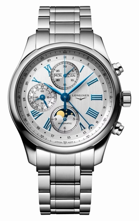 Longines Master Collection Complications Automatic Chronograph Stainless Steel Silver Dial Day/Date Month Moonphase Mens Watch L2.773.4.71.6