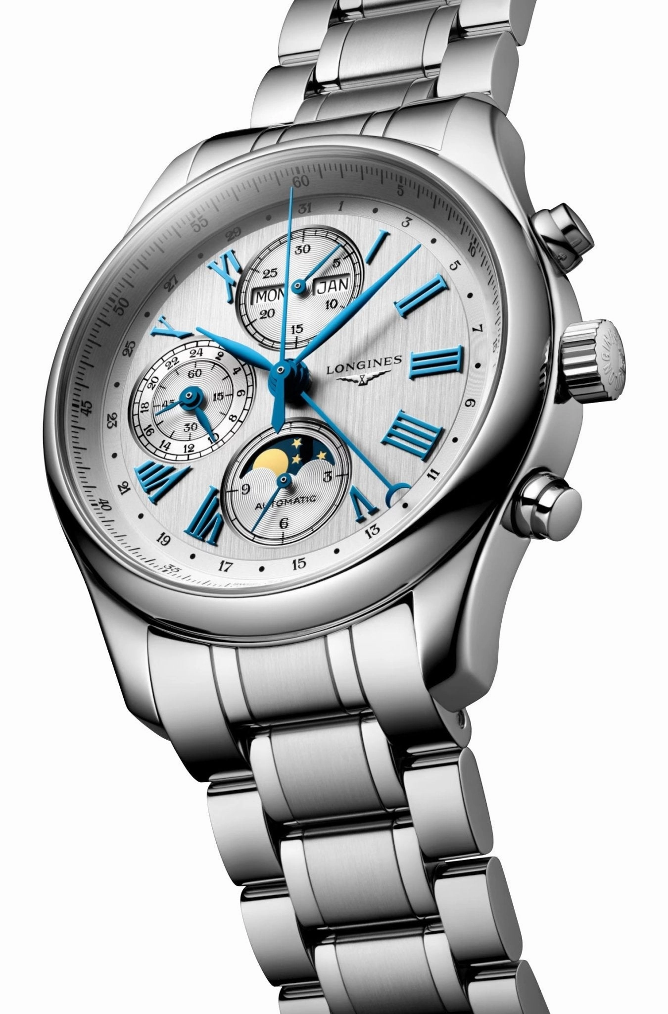 Longines Master Collection Complications Automatic Chronograph Stainless Steel Silver Dial Day/Date Month Moonphase Mens Watch L2.773.4.71.6