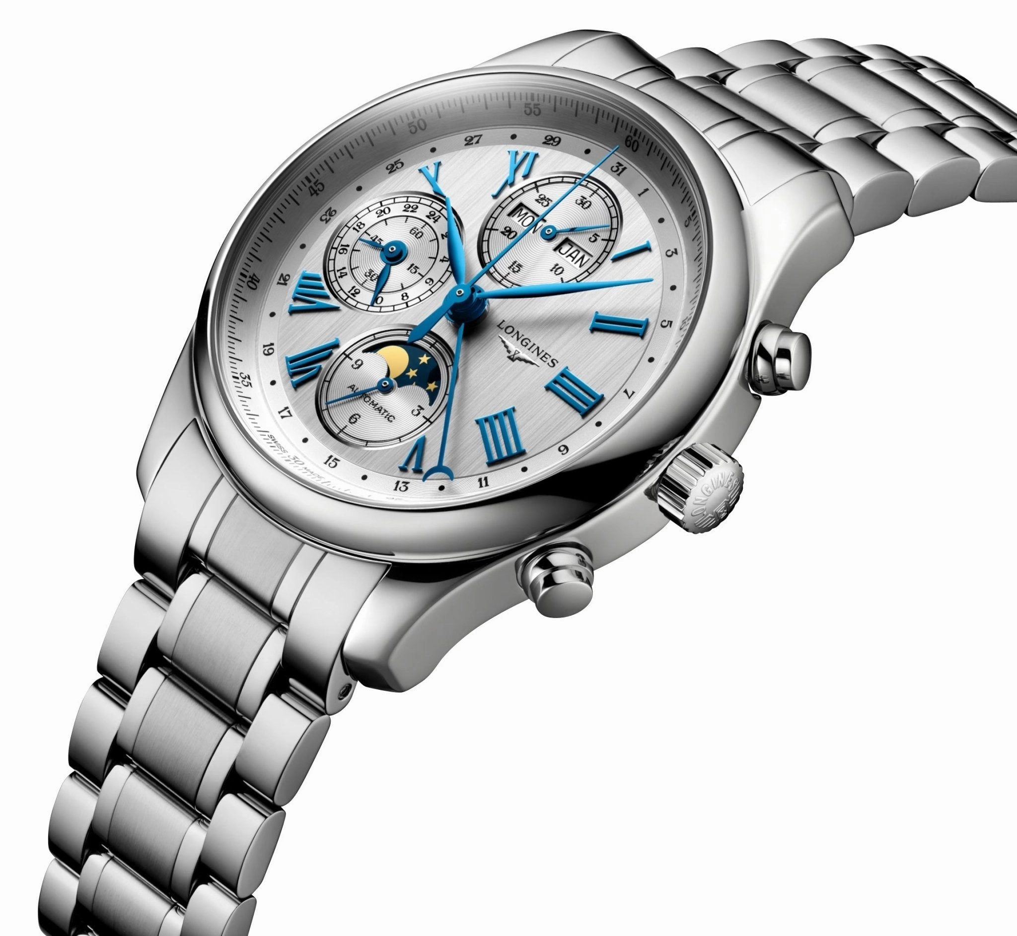 Longines Master Collection Complications Automatic Chronograph Stainless Steel Silver Dial Day/Date Month Moonphase Mens Watch L2.773.4.71.6