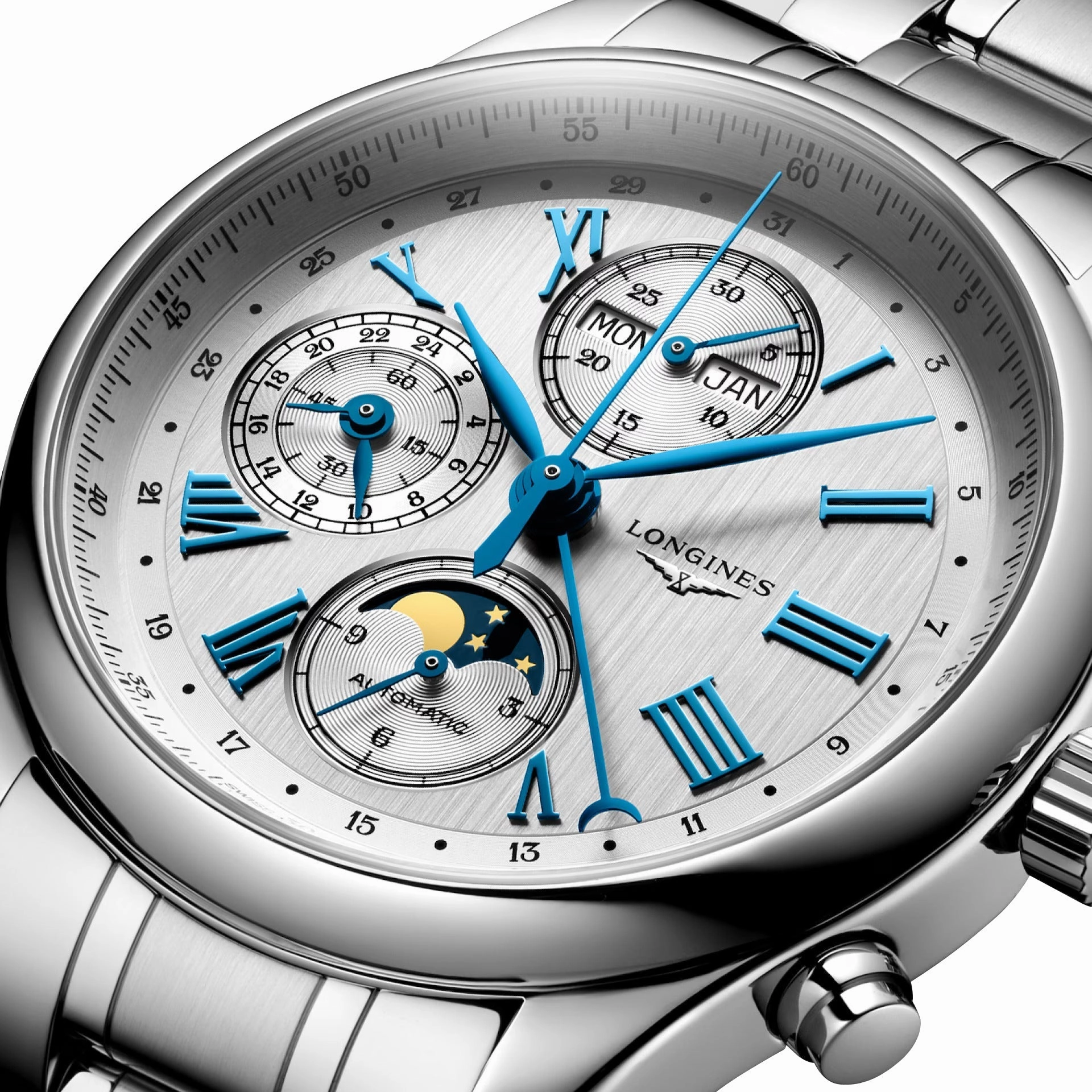 Longines Master Collection Complications Automatic Chronograph Stainless Steel Silver Dial Day/Date Month Moonphase Mens Watch L2.773.4.71.6