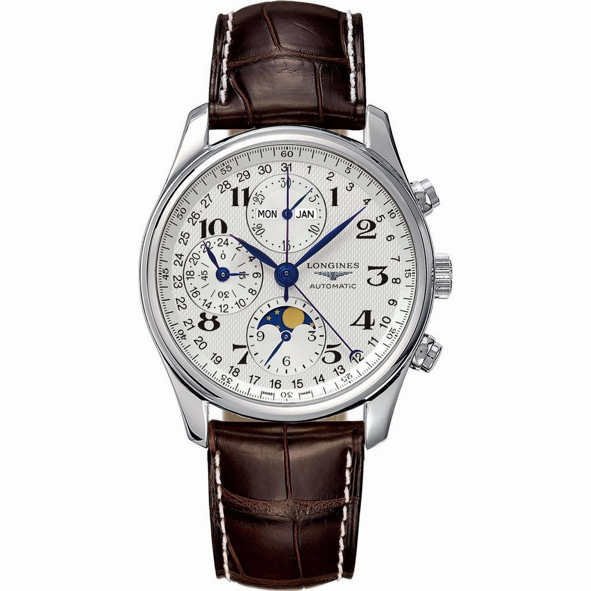 Longines Men's Watch - Master Moon Phase Silver Dial Brown Leather Strap | L27734783