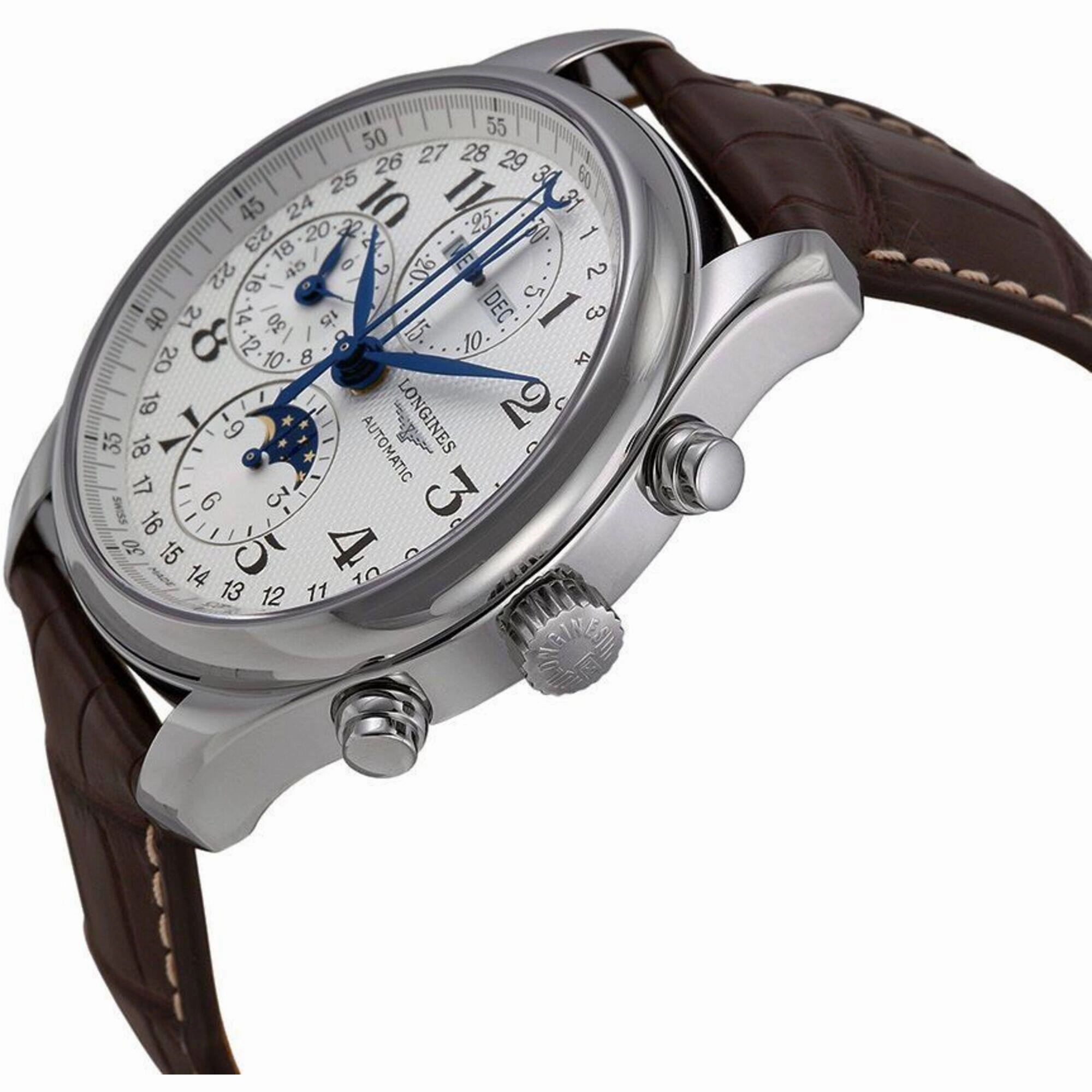 Longines Men's Watch - Master Moon Phase Silver Dial Brown Leather Strap | L27734783