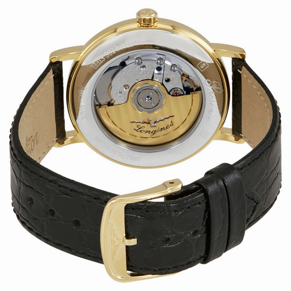 Longines Presence Automatic Yellow Gold PVD White Dial Black Leather Strap Date Mens Watch L4.921.2.12.2