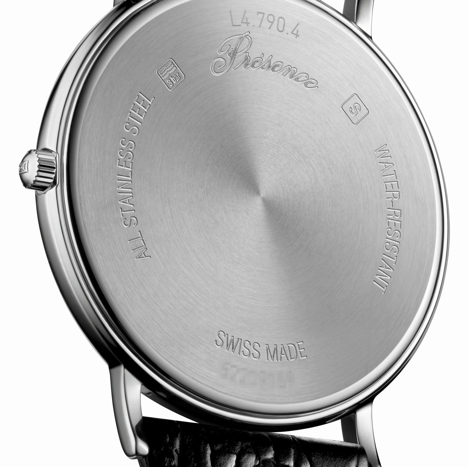Longines Presence Stainless Steel White Dial Black Leather Strap Date Quartz Mens Watch L4.790.4.12.2
