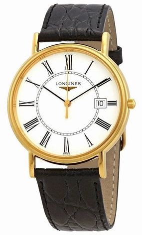 Longines Presence Yellow Gold PVD White Dial Black Leather Strap Date Quartz Mens Watch L4.790.2.11.2