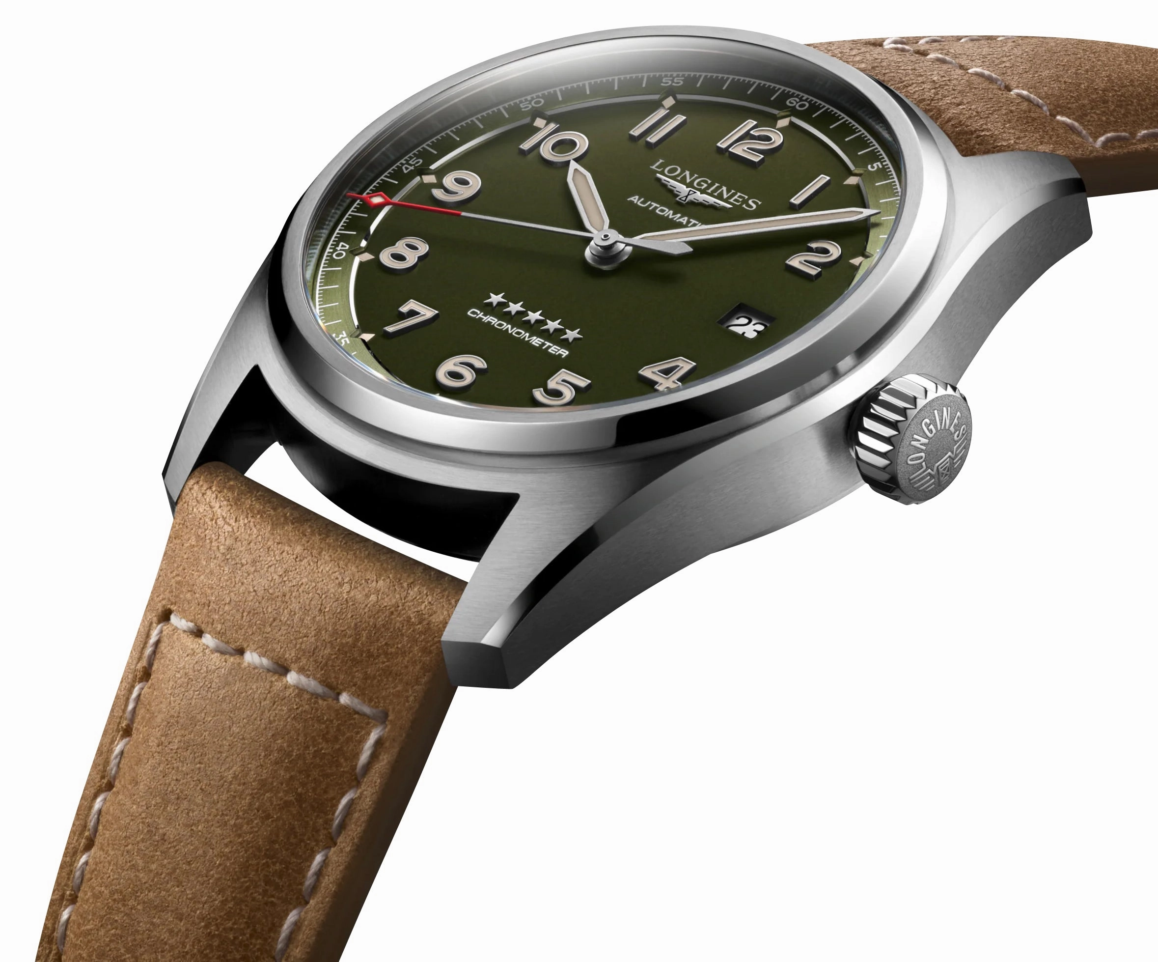 Longines Spirit Automatic COSC Stainless Steel Green Dial Brown Leather Strap Date Mens Watch L3.810.4.03.2