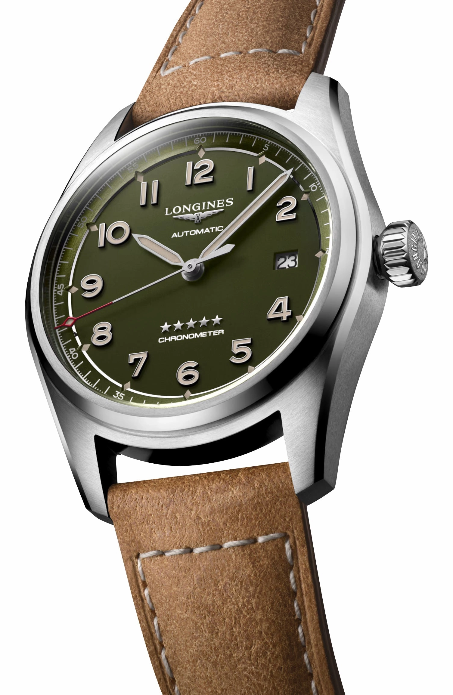 Longines Spirit Automatic COSC Stainless Steel Green Dial Brown Leather Strap Date Mens Watch L3.810.4.03.2