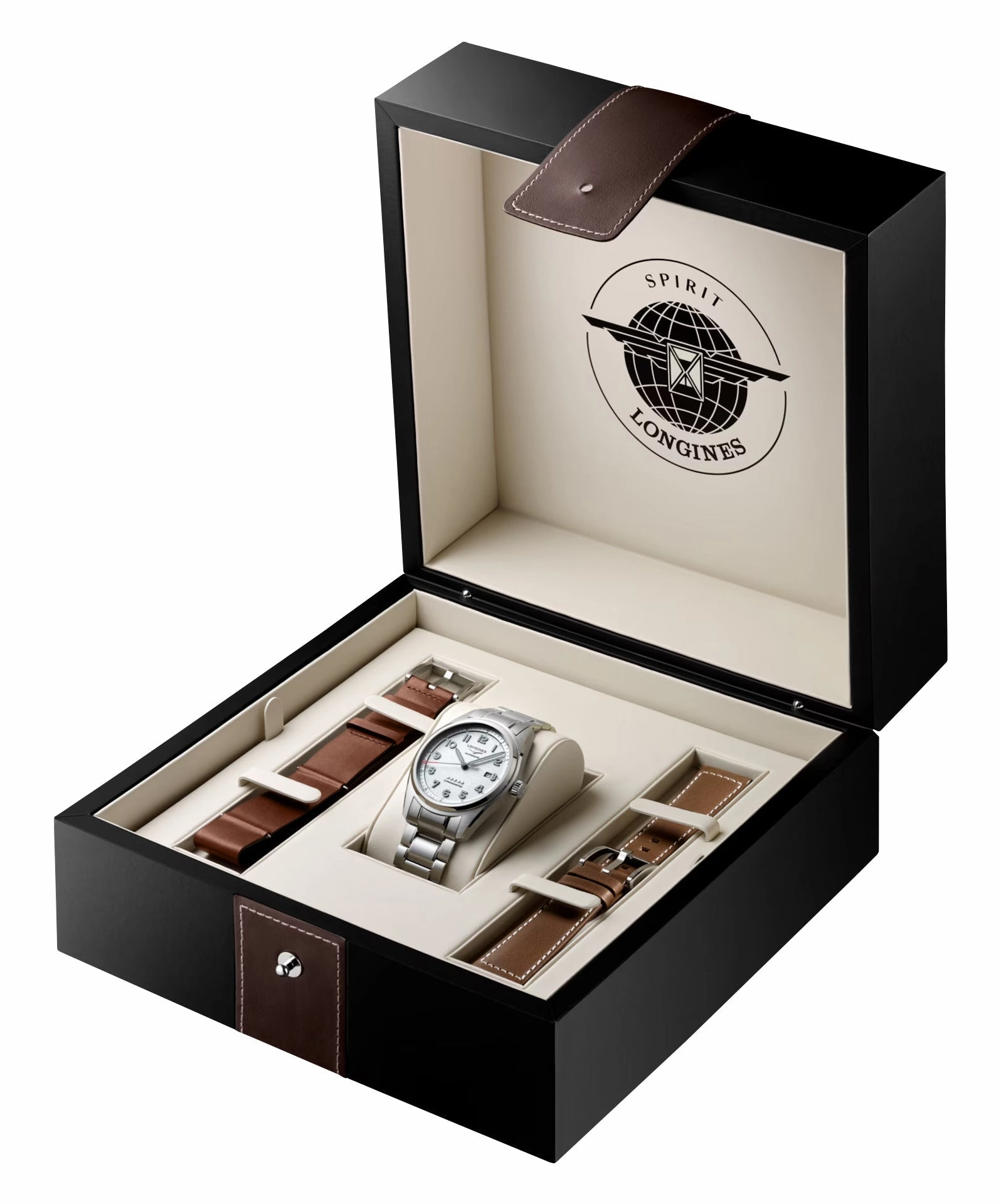 Longines Spirit Prestige Edition Automatic COSC Stainless Steel Silver Dial Interchangeable Brown Leather/NATO Strap Date Mens Watch L3.811.4.73.9