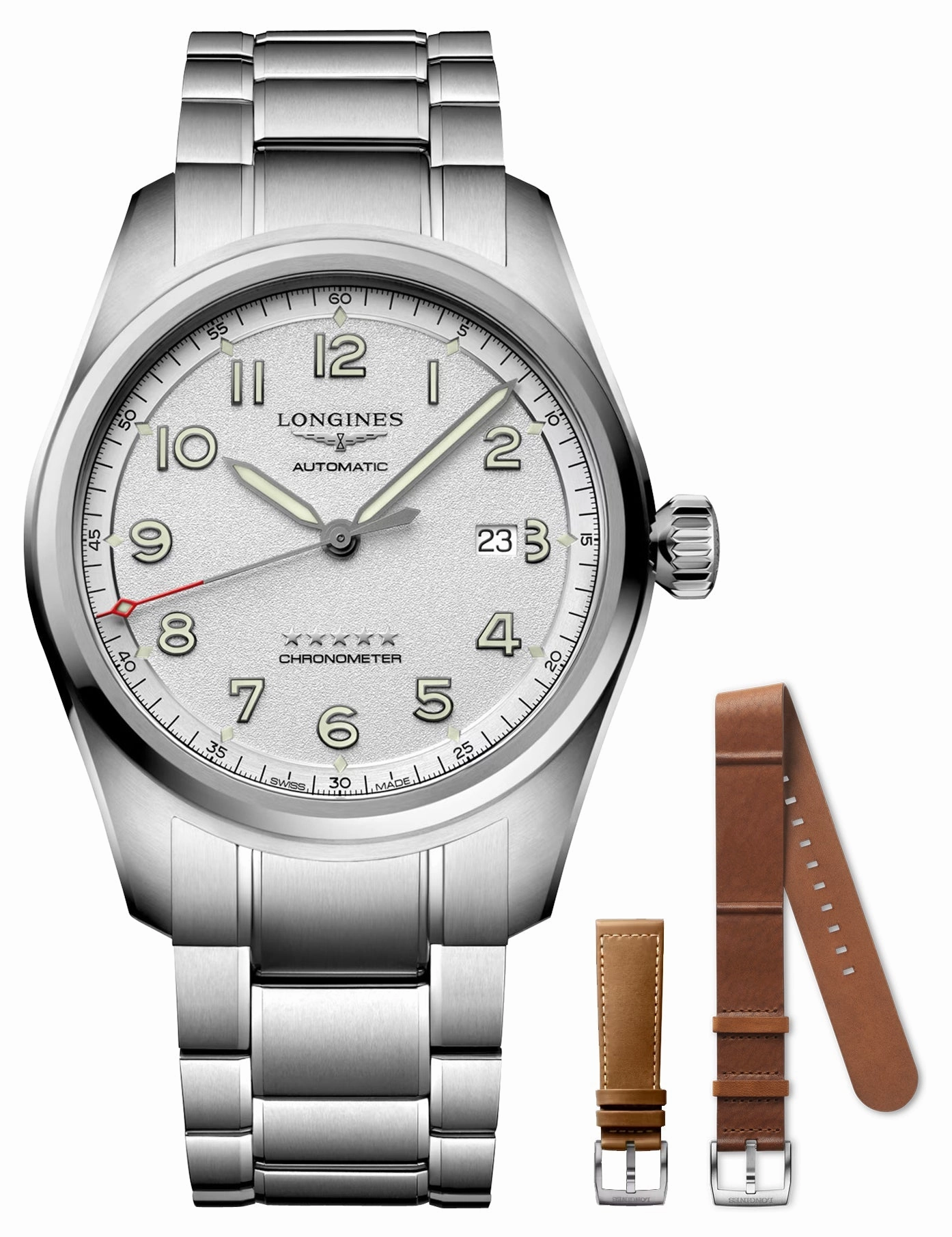 Longines Spirit Prestige Edition Automatic COSC Stainless Steel Silver Dial Interchangeable Brown Leather/NATO Strap Date Mens Watch L3.811.4.73.9
